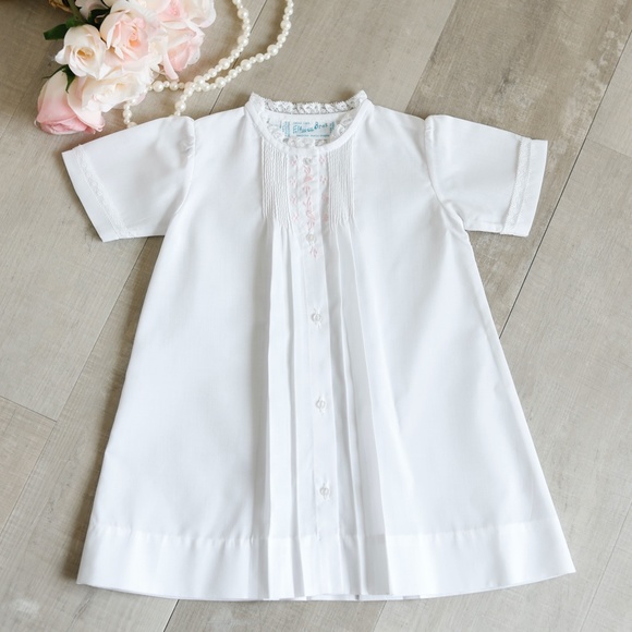 Newborn White Day Gown Pink Embroidery Feltman Brothers Lace Pin Tucks NEW - Picture 1 of 5